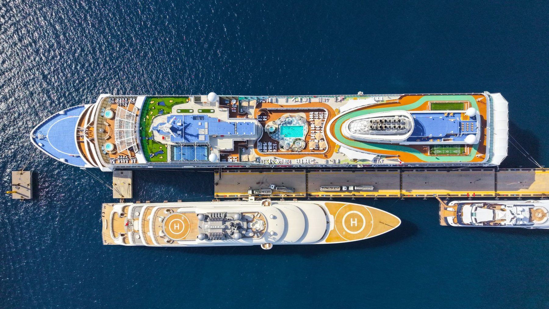 Aerial view of cruise ships moored at a port